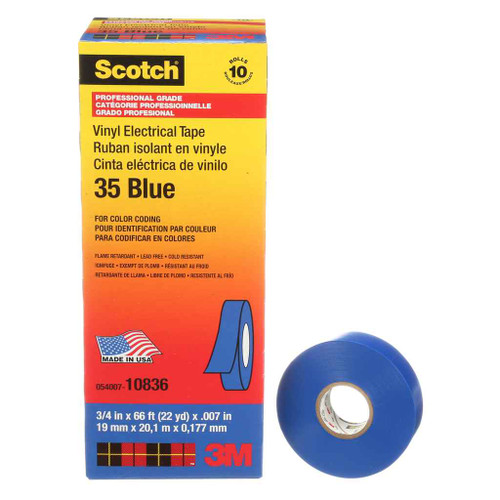 3M 7000006095 Scotch Vinyl Color Coding Electrical Tape 35, 3/4 in x 66 ft, Blue, 10 rolls/carton, 100 rolls/Case