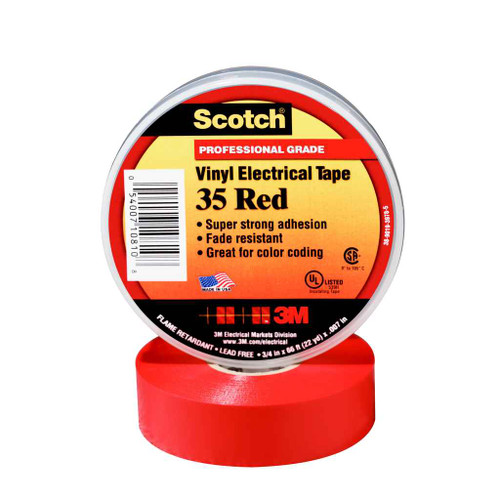 3M 35-1/2X20FT-RD Scotch Vinyl Color Coding Electrical Tape 35, 1/2 in x 20 ft, Red, 10rolls/carton, 100 rolls/Case