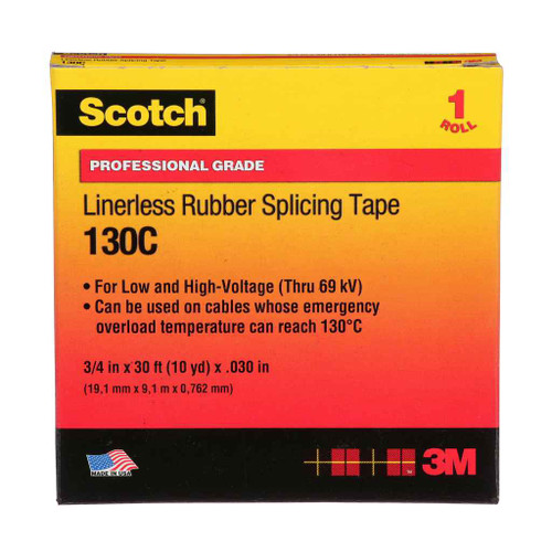 3M 7000006085 Scotch Linerless Rubber Splicing Tape 130C, 3/4 in x 30 ft, Black, 1 roll/carton, 24 rolls/Case