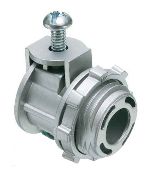Arlington Industries SG75 Zinc die-cast, 3/4" knockout saddle-type connector with spring set screw for securing aluminum and steel cable. Secures into knockout with a zinc die-cast. Concrete tight when taped. Supports .840 to 1.110 cable range with a