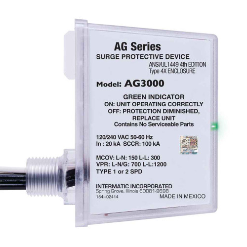 Intermatic AG3000 Surge Protective Device, 3-Mode, 120/240 VAC 1Ph, Type 1 or Type 2, Outdoor, Connected Equipment Warranty 3yr $7,500