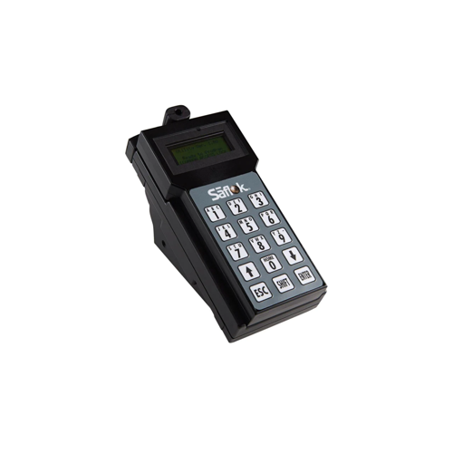 Dormakaba R21220 SAM RF Encoder handheld unit with LCD display and keypad, shown at three-quarter angle — power cord not included