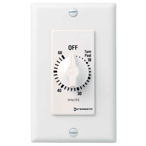 Intermatic FD60MWC Spring Wound Countdown Timer, Decorator Style, 125-277 VAC, 50/60 Hz, SPST, 60 Minute Max, Without Hold, White Intermatic FD60MWC Spring Wound Countdown Timer, Decorator Style, 125-277 VAC, 50/60 Hz, SPST, 60 Minute Max, Without Hold, White