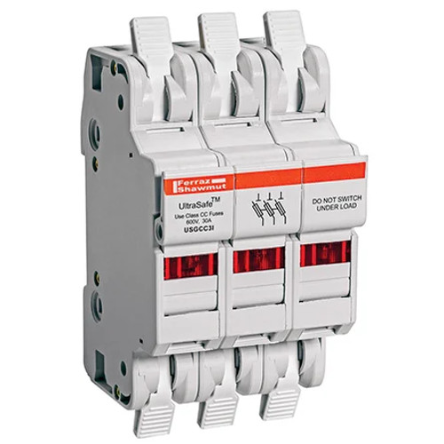 Mersen UltraSafe Class CC Fuse Holder 600VAC/600VDC 30A 3-Pole with LED Indication
