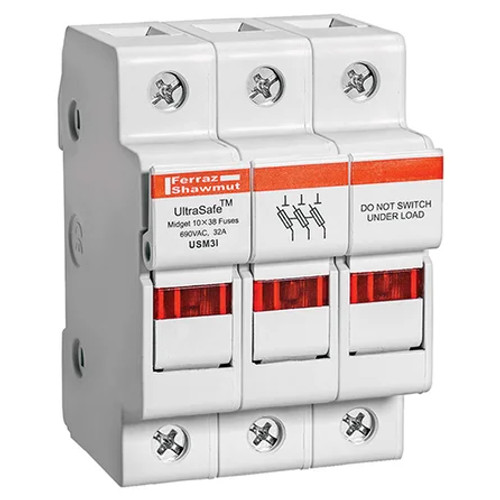 Mersen UltraSafe 3-Pole Midget Fuse Holder with LED Indication - 600VAC/600VDC 30A DIN Rail Mount