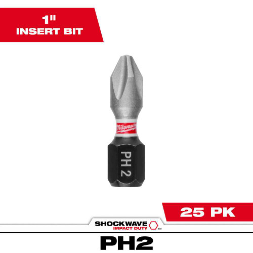 Milwaukee Tool 48-32-4712 SHOCKWAVE, Impact Duty 1" Phillips #2 Insert Bits Bulk 25