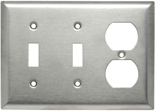 Pass & Seymour SS28 3-Gang 302/304 Stainless Steel Wall Plate, 2 Toggle Switch Openings, 1 Duplex Receptacle Opening Pass & Seymour SS28 3-Gang 302/304 Stainless Steel Wall Plate, 2 Toggle Switch Openings, 1 Duplex Receptacle Opening