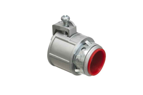 Arlington Industries SG75AST Zinc die-cast, 3/4" knockout saddle-type connector with spring set screw for securing aluminum and steel cable. Snaps into knockout with external spring steel clip. Provided with insulated throat. Concrete tight when tape