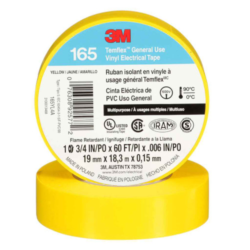 3M 7100169490 3M™ Temflex™ Vinyl Electrical Tape 165, Yellow, 3/4 in x 60 ft (19 mm x 18 m), 6 mil, 100 Rolls/Case