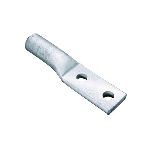 Burndy YA2CA9 Aluminum Compression Lug, 2 Hole w/o Inspection Window, 2 AWG, 1/2" Stud, 1-3/4" Stud Hole Spacing, Short Barrel, Tin Plated
