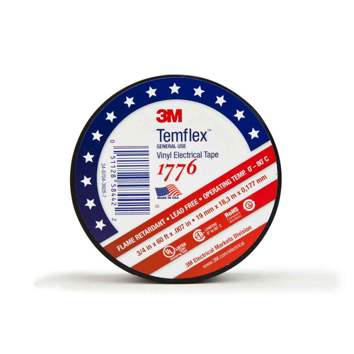 3M 7010398066 3M™ Temflex™ Vinyl Electrical Tape 1776, 3/4 in x 60 ft, 1-1/2 in Core, Black, 1 roll/carton, 100 rolls/Case