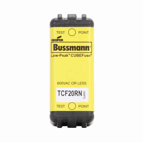 Bussmann TCF20RN Eaton series TCF fuse, Finger safe, 600 Vac/300 Vdc, 20A, 300 kAIC at 600 Vac, 100 kAIC at 300 Vdc, Non-Indicating, Time delay, inrush current withstand, Class CF, CUBEFuse, Glass filled PES