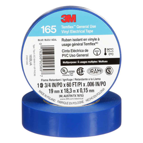 3M 7100169429 3M™ Temflex™ Vinyl Electrical Tape 165, Blue, 3/4 in x 60 ft (19 mm x 18 m), 6 mil, 100 Rolls/Case