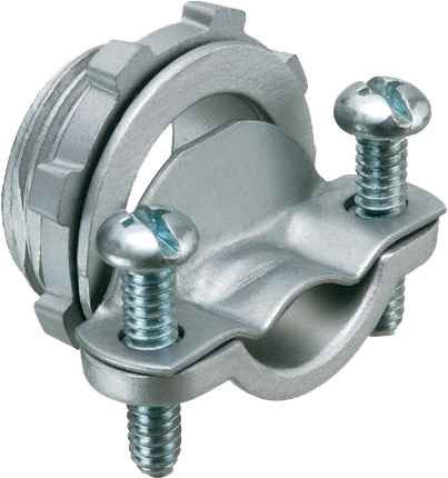 Arlington Industries zinc die-cast NM cable connector, 2-screw clamp type, front-left angle view showing threaded body, locknut, clamp saddle, and two binding screws