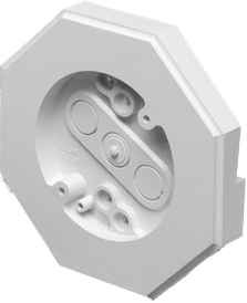 Arlington Industries Siding Mounting Kit with Built-In Box, White UV-Rated Plastic, Octagonal Profile – Front View