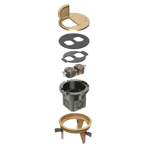 Arlington Industries Round Brass Floor Box Kit - Flip-Lid Cover, Tamper-Resistant Duplex Receptacle, Complete Install Set, cULus Listed
