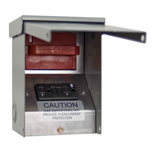 Milbank 60 Amp Non-Fused AC Disconnect Switch, Type 3R, Pull Out, Surface Mount with 20A GFCI - enclosure shown open displaying pull-out disconnect block and GFCI outlet