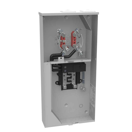 Milbank U5168-XTL-200-KK 200A Ringless Meter Main with Horn Bypass Load Center Combo - 1-Phase, 8-Circuit, Surface Mount, open interior view showing meter socket and main breaker