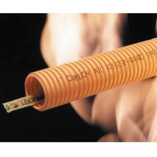 Carlon Orange PVC Riser-Gard Flexible Raceway Coil — UL Listed, corrugated conduit shown close-up with flame background highlighting riser rating