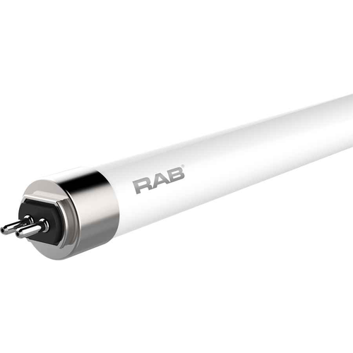 RAB 25W T5 LED Linear Tube 4ft Glass Ballast Bypass, White - single tube shown at angle with G5 bi-pin end cap