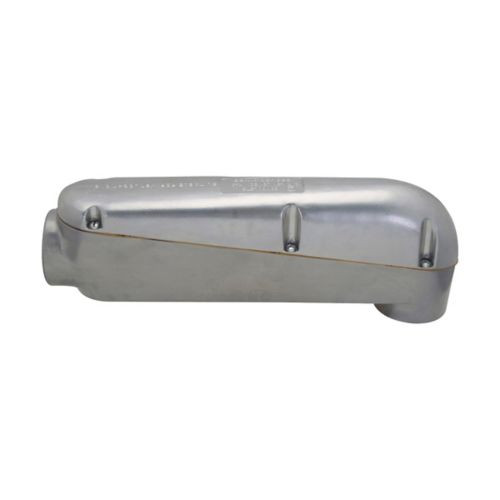 Crouse-Hinds Mogul Pulling Elbow, copper-free aluminum, tapered thread, for rigid/IMC conduit — shown with cover installed, 3/4 front angle view