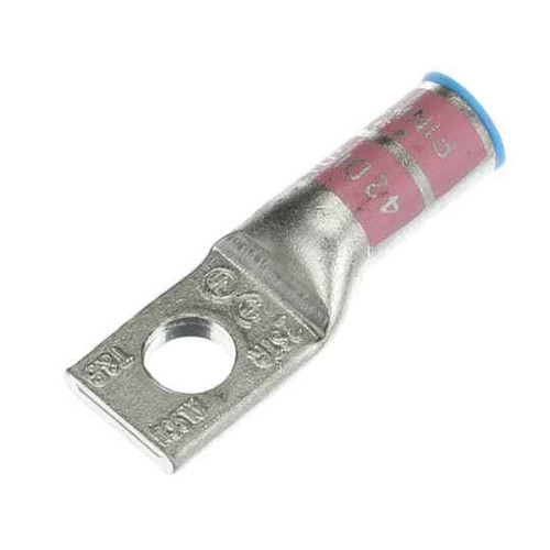 Color-Keyed Aluminum One-Hole Lug, Long Barrel, Blind End, Max 35kV, #2 AWG Wire, 3/8 Inch Bolt Size, Tin Plated