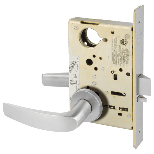 Sargent LC-8200 Mortise Lock with LN Rose Design, B Lever, 26D Satin Chromium finish, field-reversible, less cylinder — front view showing mortise case and lever