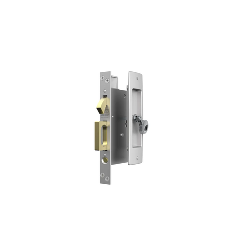 Pemko 142226D LaFonte Pocket Door Lock with Split Key and Edge Pull Satin Chrome Finish