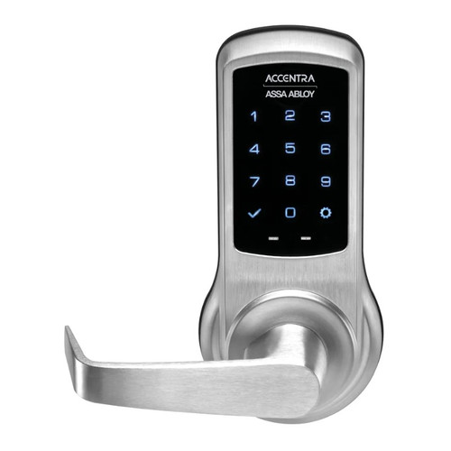 Accentra NTB643 nexTouch Series Grade 1 cylindrical lock with capacitive touchscreen keypad, Monroe lever, 626 Satin Chrome, no deadbolt