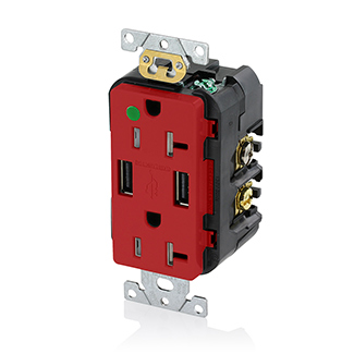Leviton T5832-HGR Hospital Grade Tamper-Resistant Duplex Receptacle with USB Charger, 125-V