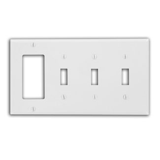Leviton 80732-W Thermoplastic Nylon Device Mount Standard Size 4-Gang Wallplate 1-GFCI/Decora + 3-Toggle Switch