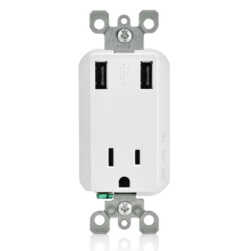 Leviton T5830-T 2.1A USB Type-A/Type-A Wall Outlet Charger with 20A Tamper-Resistant Receptacle