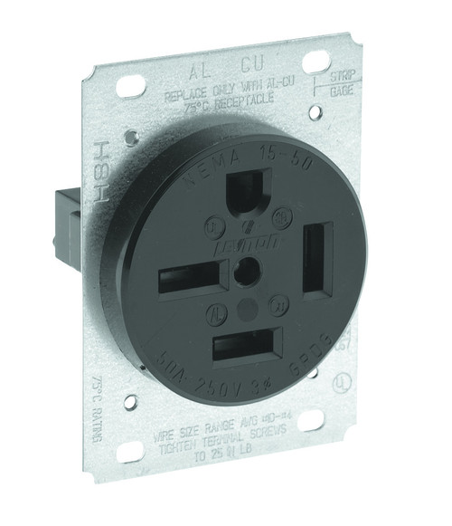 Leviton Industrial Grade Extra Heavy-Duty Straight Blade Receptacle, 50-Amp 250-Volt, NEMA 15-50R, Black