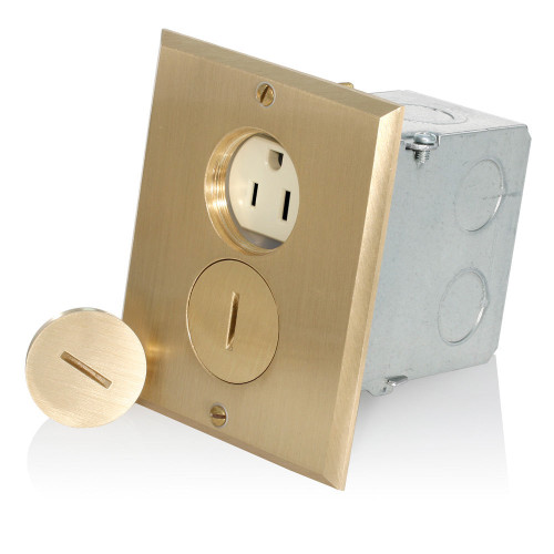 Leviton Brass Duplex Receptacle Floor Box Assembly, Tamper-Resistant, 5-15R 15A 125V, Ivory