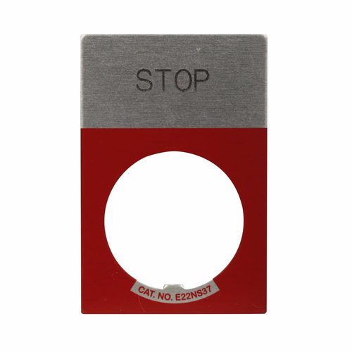 Eaton Pushbutton Legend Plate, Aluminum, Black Field, White EMERG. STOP Lettering