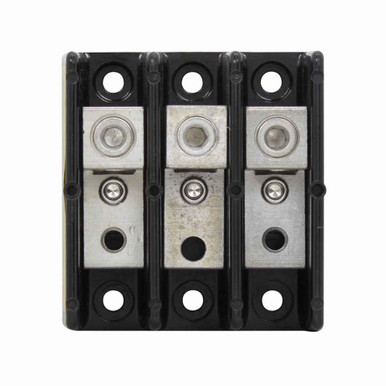 Bussmann 16281-3 Eaton series power terminal block, 600 Vac, 600 Vdc, 175A, Power terminal block, Three-pole, 1/4 In-20 TPI Tapped Hole (Load), SCCR: 200 kA, Black, Molded Thermoplastic Base, Tin-plated aluminum connector