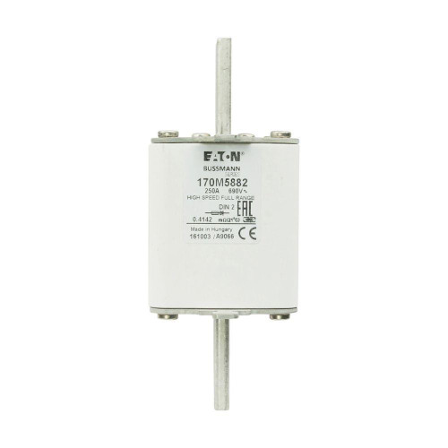 Bussmann 170M5882 Eaton series high speed square body fuse, 700V (UL), 550V (IEC), 250A, 200 kAIC, Top fuse status indicator, Fuse, Blade end X Din 43-620 blade end, Class gR, DIN 43 620