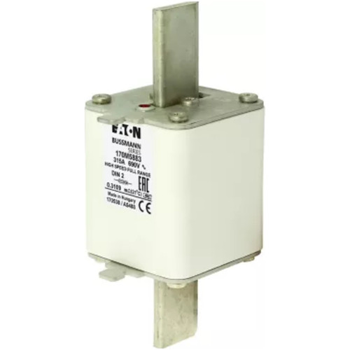 Bussmann 170M5883 Eaton series high speed square body fuse, 700V (UL), 550V (IEC), 315A, 200 kAIC, Top fuse status indicator, Fuse, Blade end X Din 43-620 blade end, Class gR, DIN 43 620