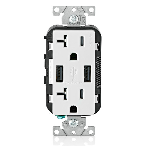 Leviton T5832-W Decora Tamper-Resistant Duplex Receptacle with USB Charger, 20A/125V White