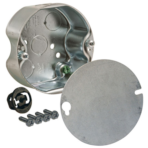 RACO 296-1 4 in. Round Steel Ceiling Box, 1-1/2 in. Deep, Five 1/2 in. KOs
