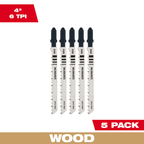 Milwaukee 48-42-5500 4" 6TPI T-Shank Wood High Carbon Steel Jig Saw Blades, 5-Pack