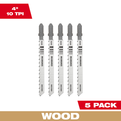 Milwaukee 48-42-5540 4" 10 TPI T-Shank High Carbon Steel Wood Jig Saw Blades, 5-Pack