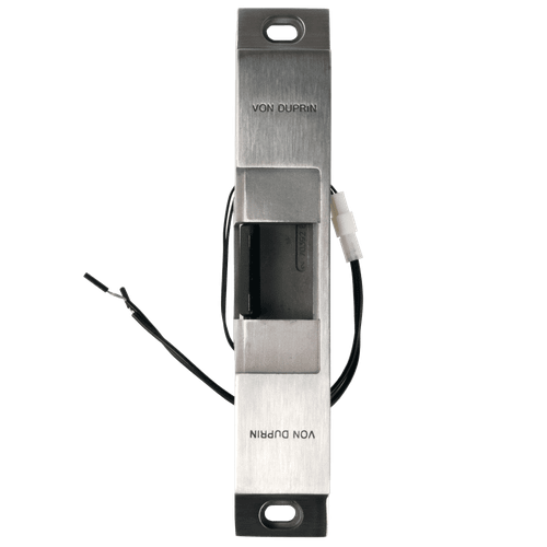 Von Duprin 6112 Electric Strike for Rim Exit Devices, 630 Satin Stainless Steel finish, front view showing latch pocket and lead wires