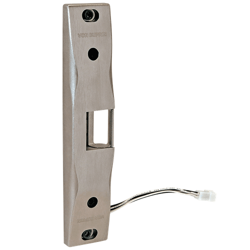Von Duprin 6300 surface mounted electric strike for rim exit devices, satin stainless finish, front and side view showing latch pocket and wiring connector