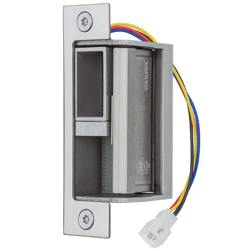 Von Duprin 6400 Grade 1 Modular Electric Strike, Fail-Secure, 630 Satin Stainless Steel finish, with multi-conductor wiring harness, front 3/4 view