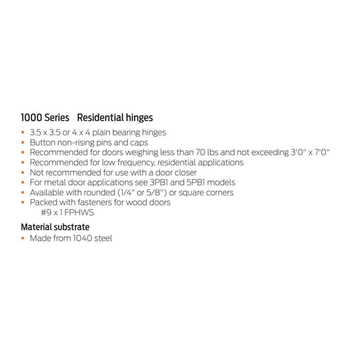 Ives 1012RP Steel Residential Hinges 3-1/2" x 3-1/2" with 1/4" Rounded Corners - Set of 3