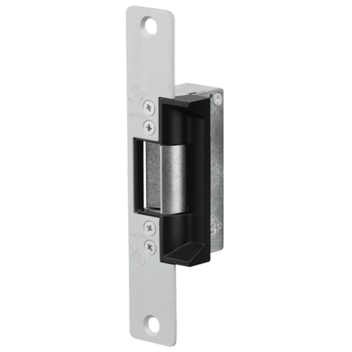 Adams Rite 7130 Electric Strike, flat faceplate with radius corners, 1-1/4" x 6-7/8", 628 clear anodized finish, front 3/4 view