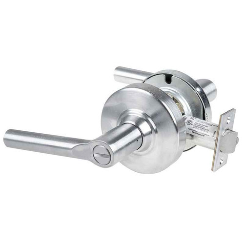 Schlage ALX40 Grade 2 cylindrical privacy lock shown in satin chrome finish with tubular-style lever, latch, and strike plate — front three-quarter view