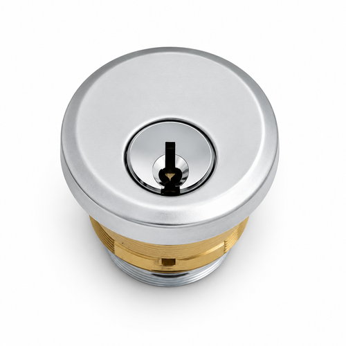 Adams Rite 4036 Mortise Cylinder with Five-Pin Security, 628 Clear Anodized finish, top-down view showing keyway and threaded brass body