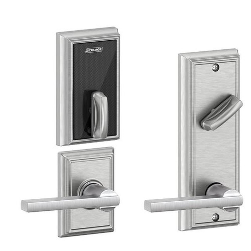 Schlage Residential FE410F Mobile Enabled Smart Interconnected Lock with Latitude Lever and Addison Trim in Satin Chrome (626) - Front and Interior View